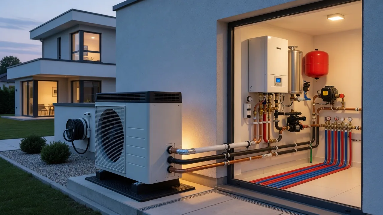 Unidad de aerotermia junto a una vivienda moderna europea