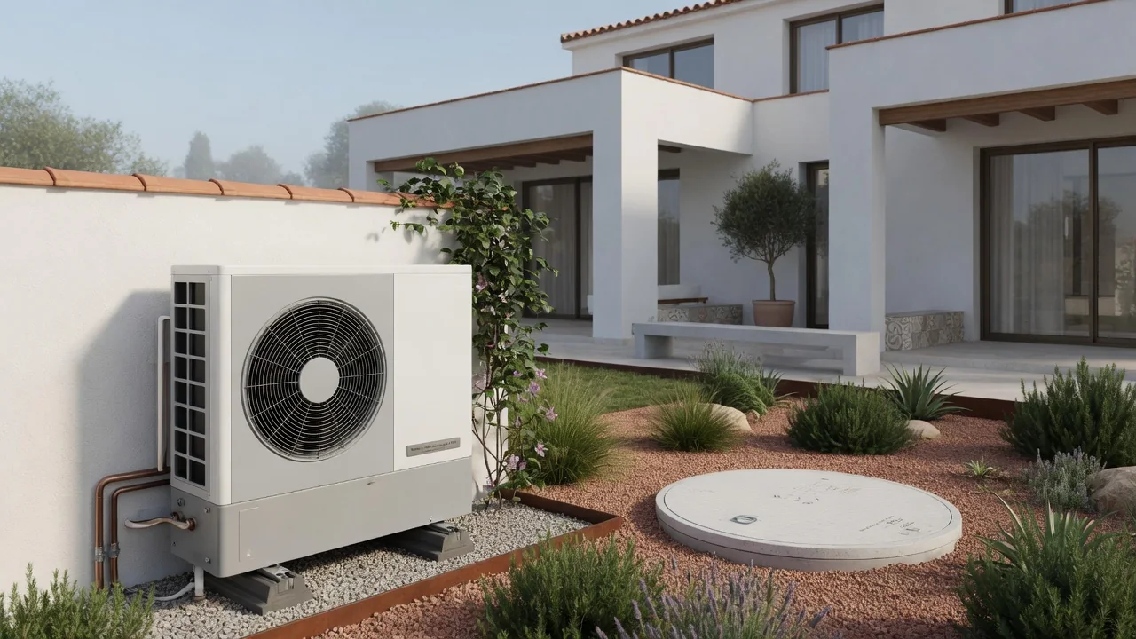 Comparativa visual entre aerotermia exterior y captación geotérmica en vivienda